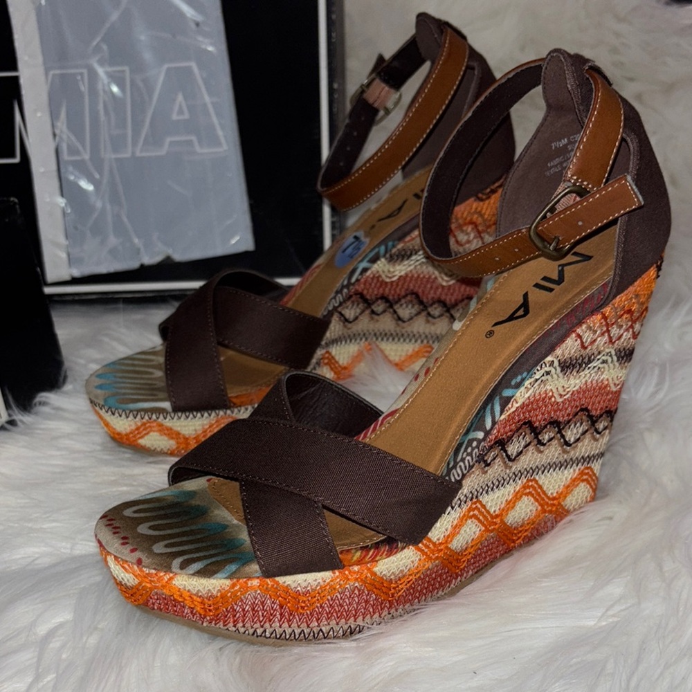MIA Brown and Orange Wedge Sandals with Zigzag Pattern